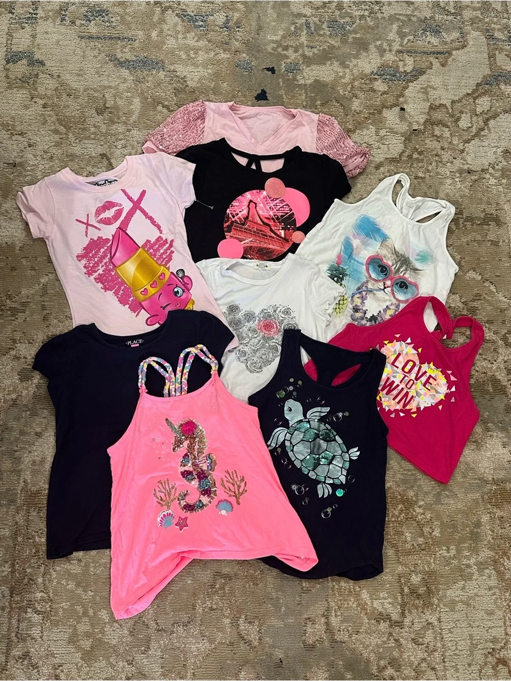 Justice. Sea turtle, Seahorse, Black, White & Fuchsia Tank Top Mix (9 Total)